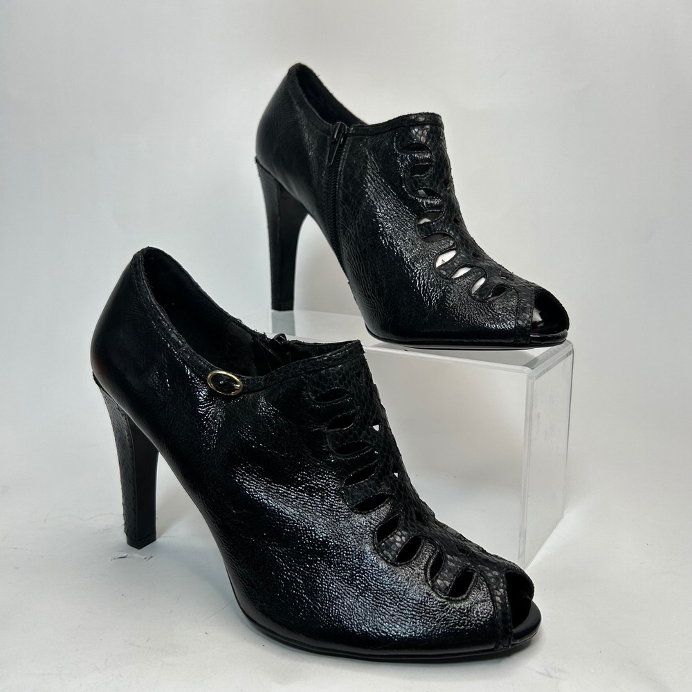 Sam‎ Edelman Melanie Black Leather Peep Toe Caged Booties Snakeskin Heel 10M